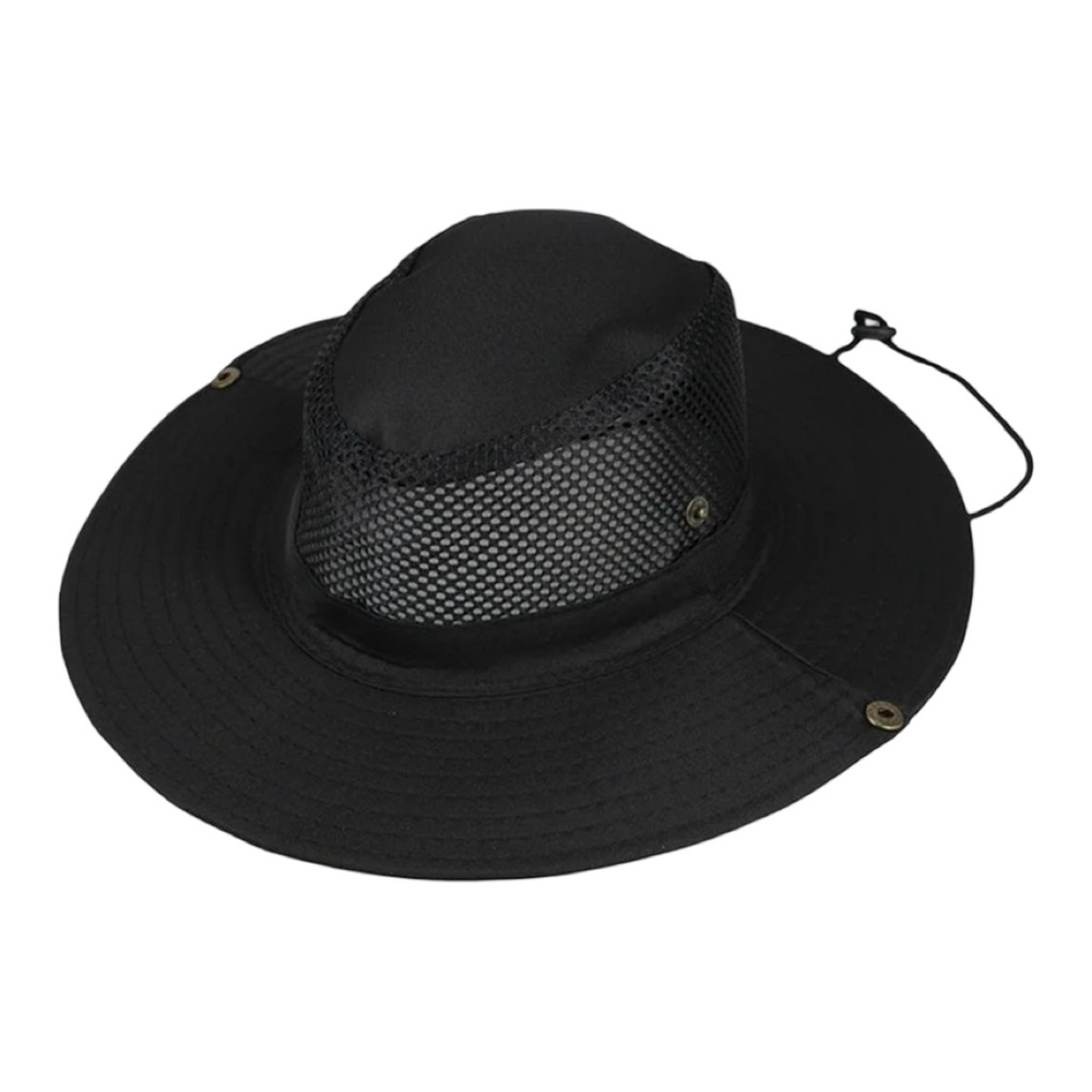 Black Wide-Brim Outdoor Hat – Mesh Ventilation & Chin Strap